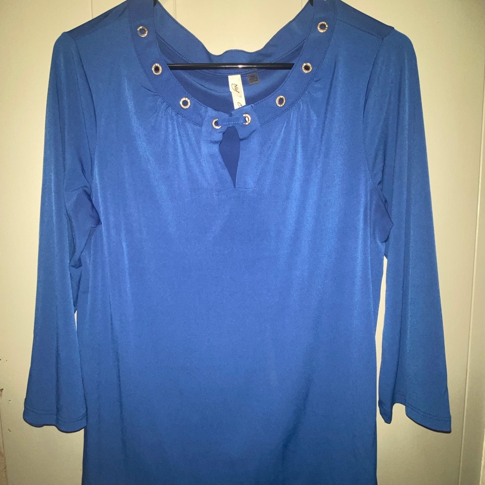 NY Collection Royal Blue Blouse with Grommet Neckline